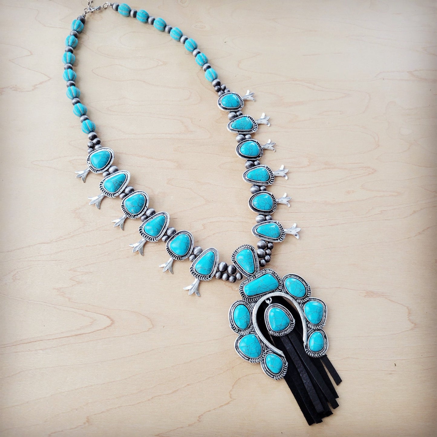 Turquoise Squash Blossom Necklace w/ Short Black Tassel 261y