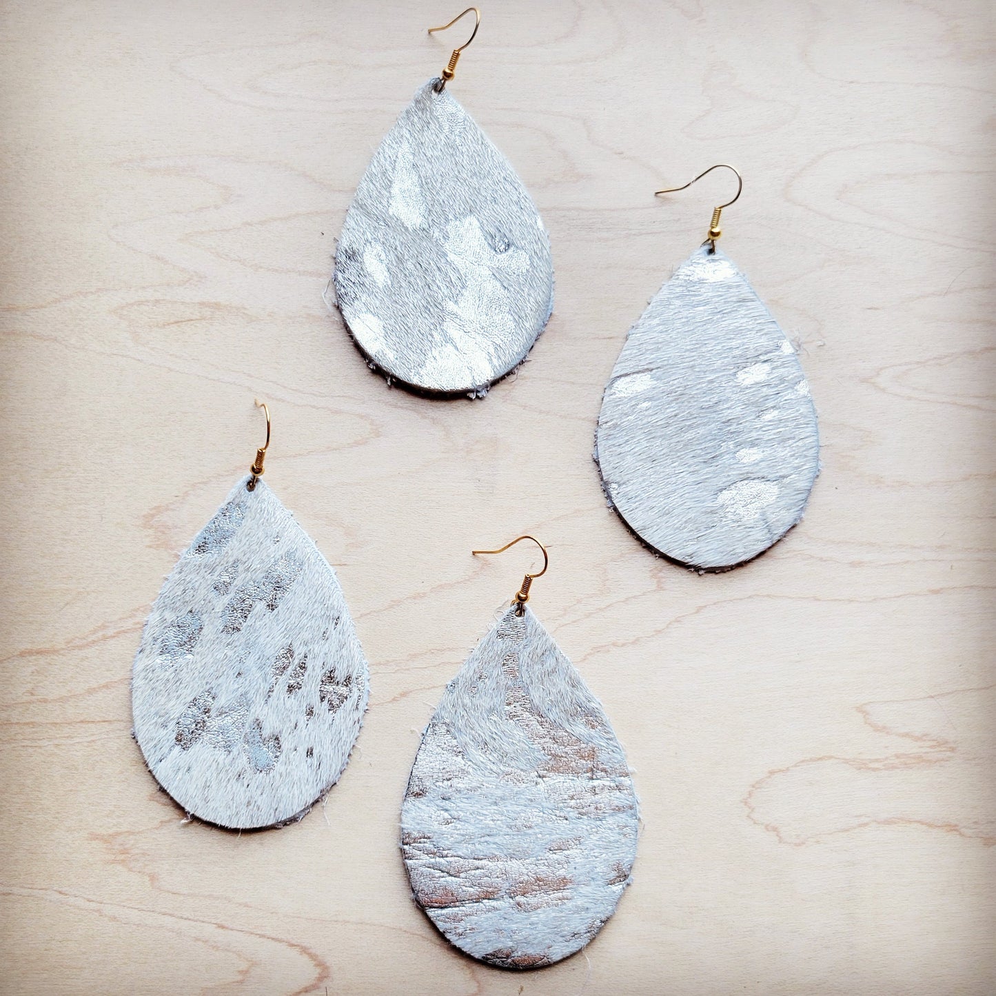 **Leather Teardrop Earrings-Silver Metallic Hair-On-Hide 224i