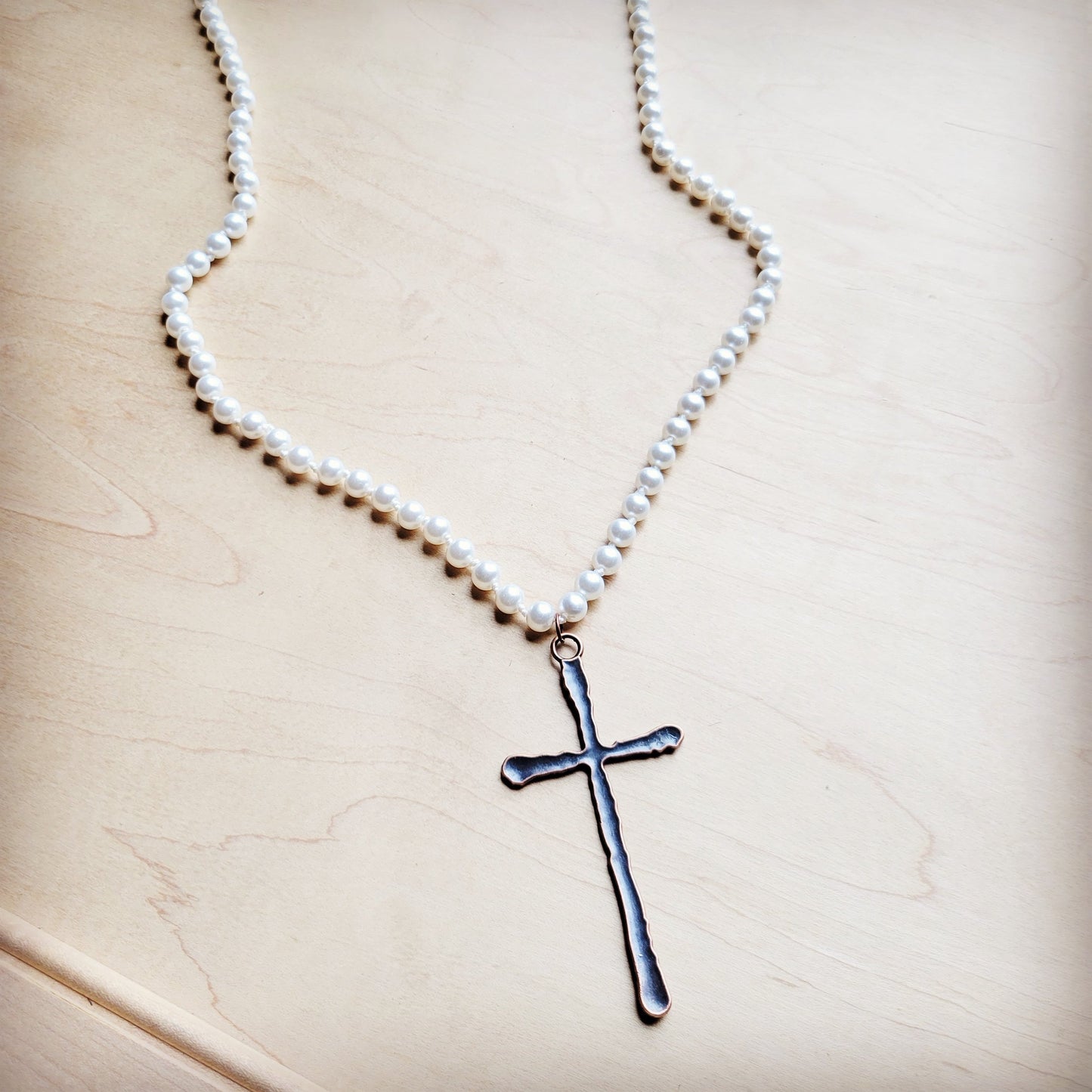 Extra Long Pearl Beaded Necklace w/ Copper Cross 260m