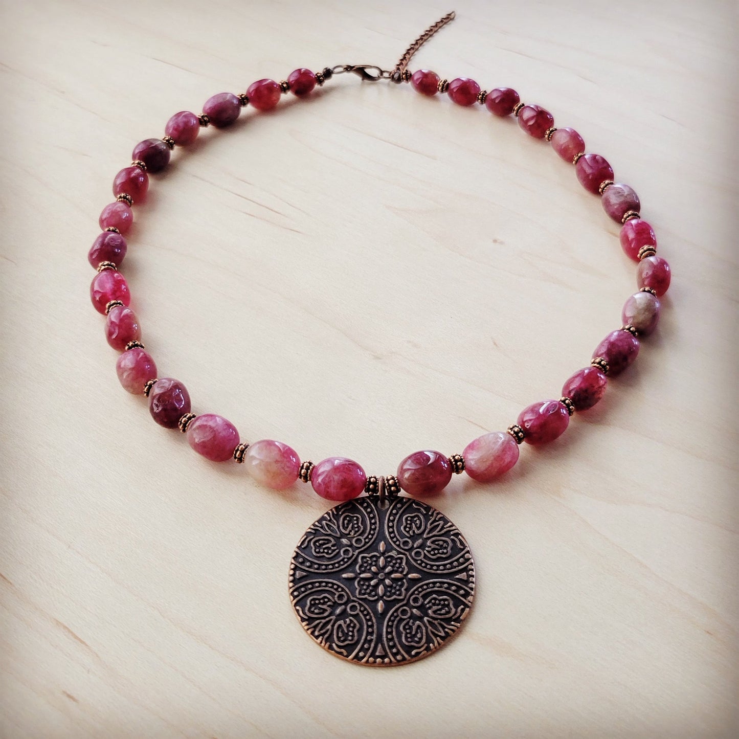 Natural Pink Jade Beaded Collar Necklace w/ Scroll Pendant 261L