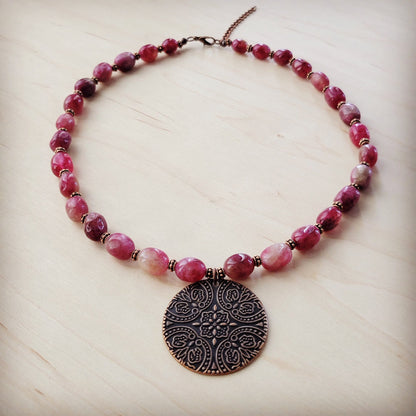 Natural Pink Jade Beaded Collar Necklace w/ Scroll Pendant 261L