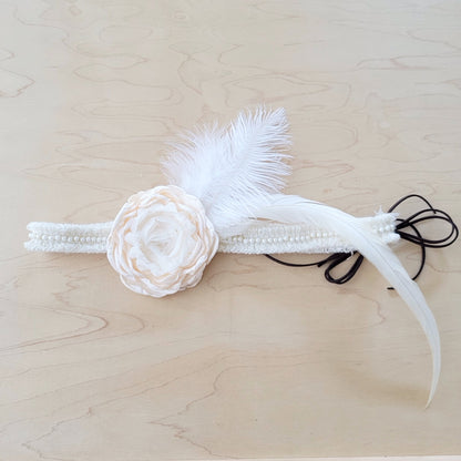 Lace & Pearl Hat Band w/ Silk Flower & Feathers-Ivory (Band Only) 952u