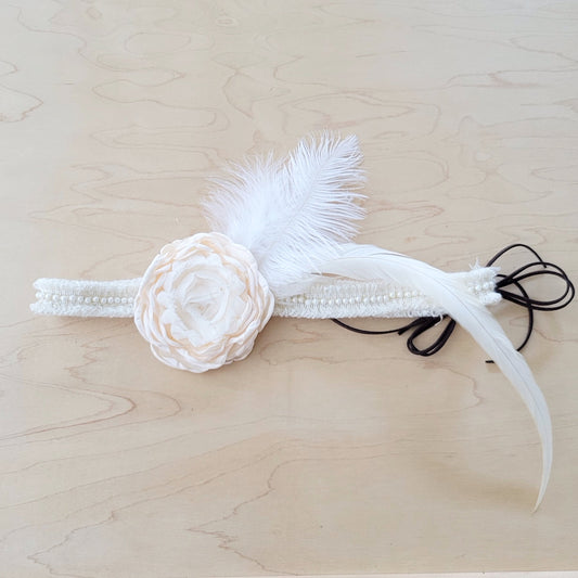 Lace & Pearl Hat Band w/ Silk Flower & Feathers-Ivory (Band Only) 952u
