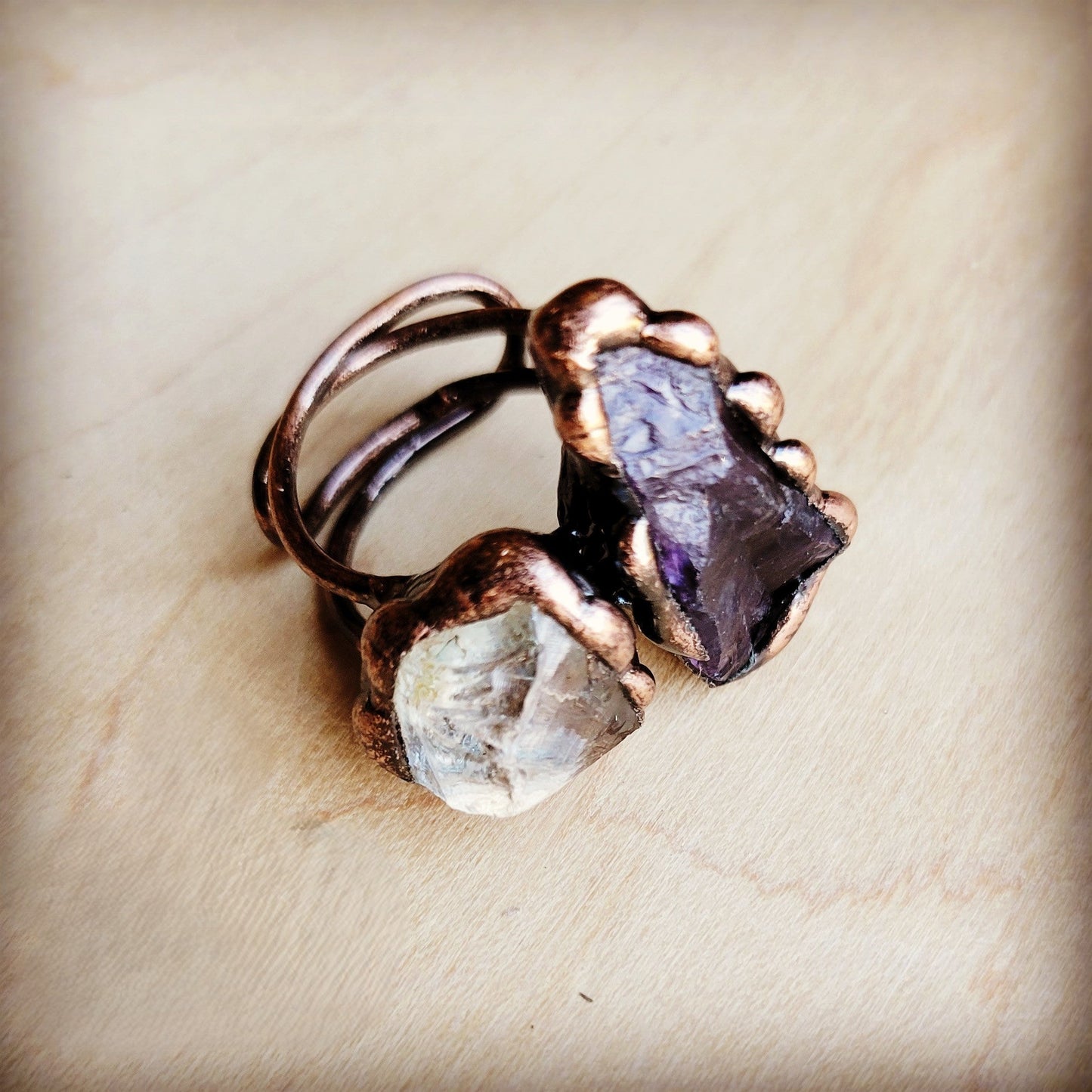 Genuine Amethyst and Quartz Ring in a Copper Setting 012a