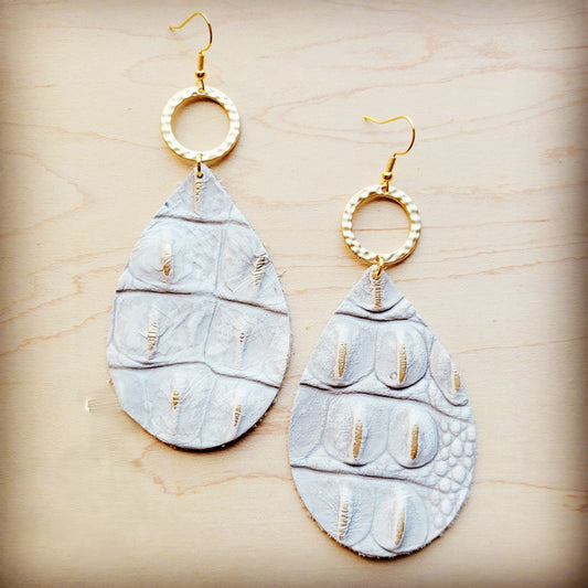 **Leather Teardrop Earrings White Gold Gator w/ Matte Gold Hoop 210w