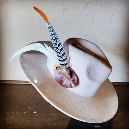 Boho Western Hat w/ Feather Tie Hat Band-Bone 982m
