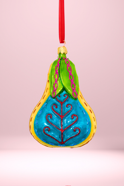 Folk Pear Glass Christmas Ornament