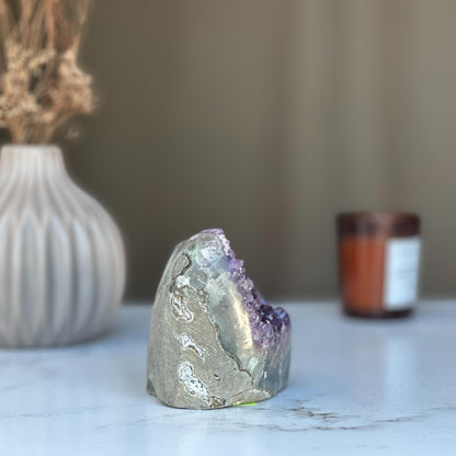 Strange specimen Amethyst geode, raw purple crystal cluster