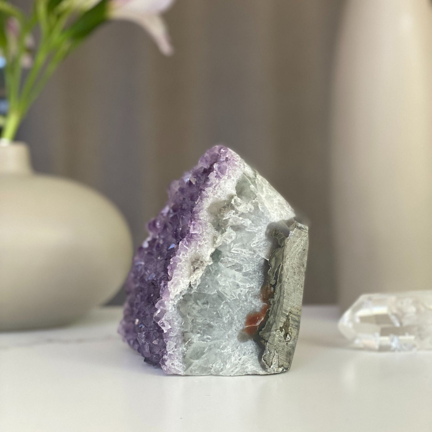 Lavender Amethyst geode with Agate formations