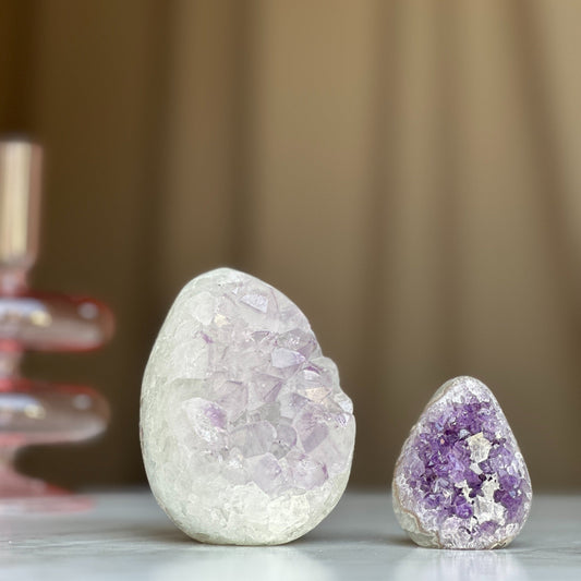 Clear Quartz Crystal Egg, Amethyst and quartz pieces, Natural cave shaped polished  stones, white quartz geode