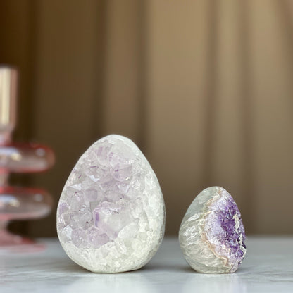 Clear Quartz Crystal Egg, Amethyst and quartz pieces, Natural cave shaped polished  stones, white quartz geode