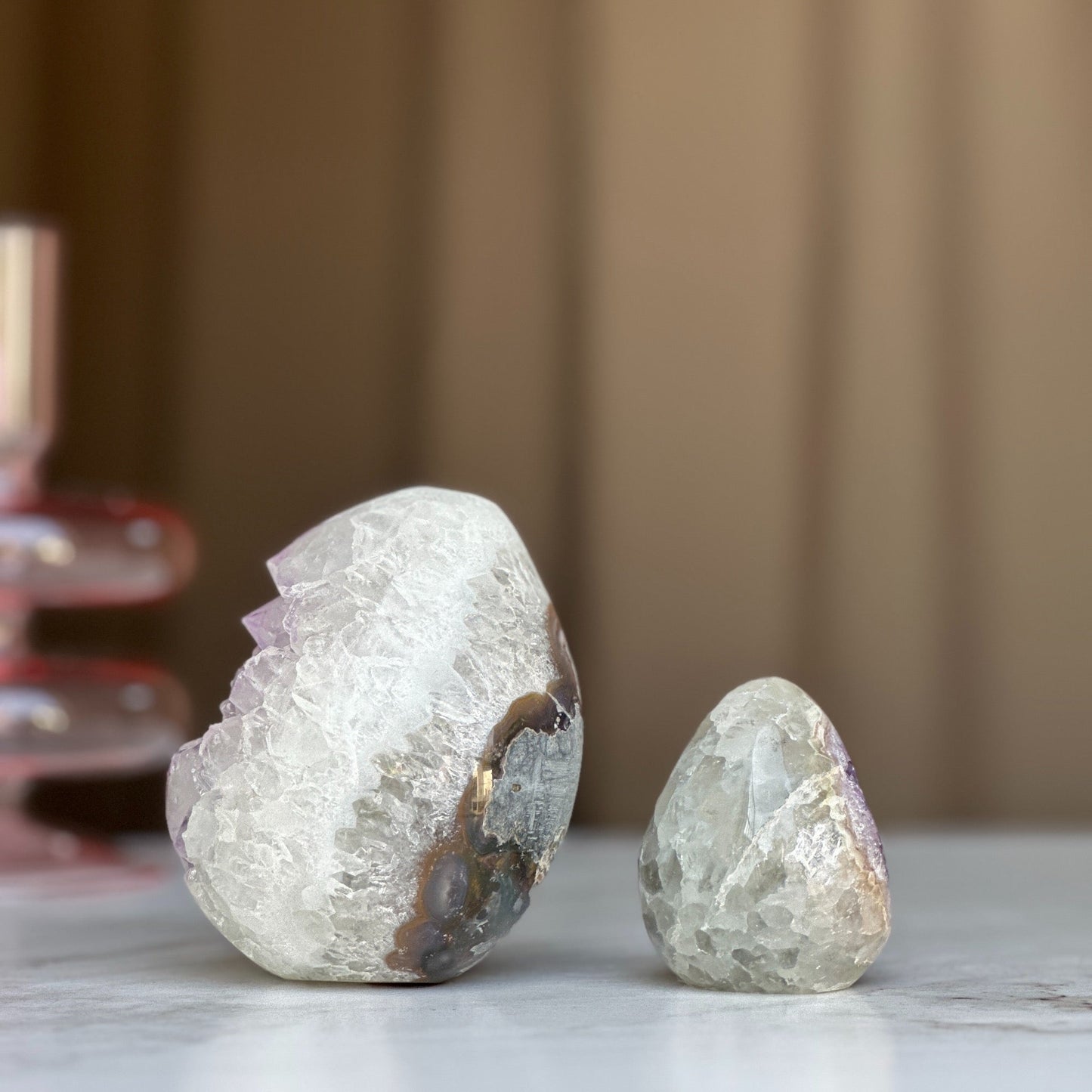 Clear Quartz Crystal Egg, Amethyst and quartz pieces, Natural cave shaped polished  stones, white quartz geode
