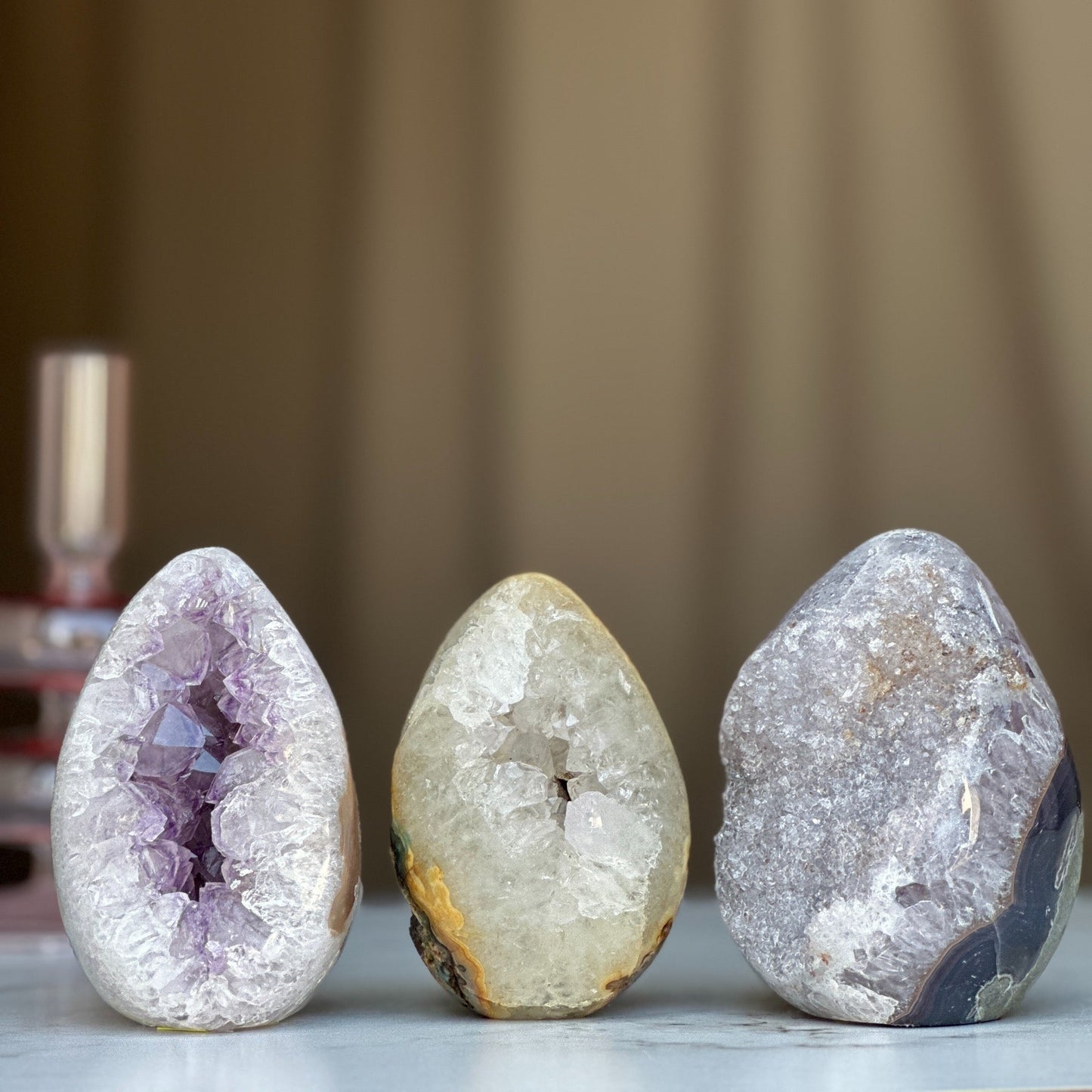 Sugar Crystal Egg set with 3 pieces, Natural cave shaped polished stone, decorative collectors unique pieces