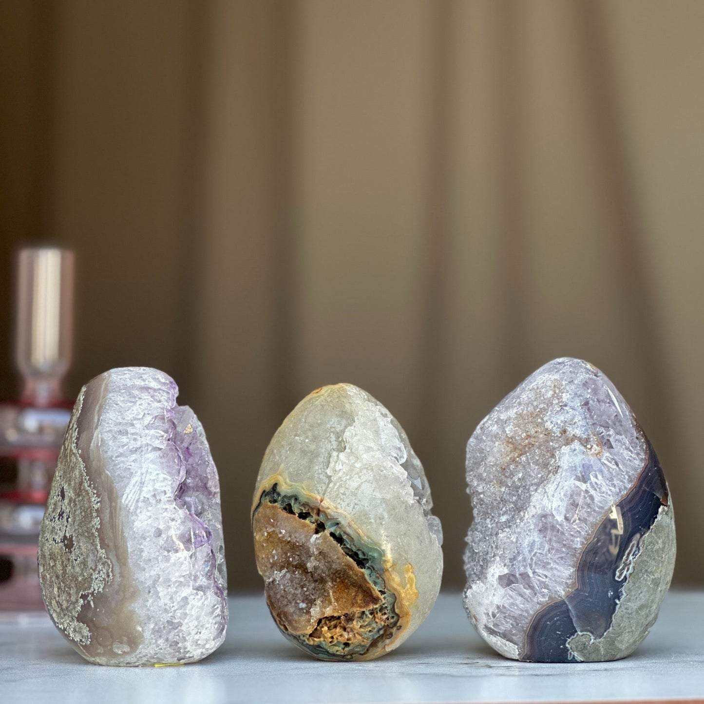 Sugar Crystal Egg set with 3 pieces, Natural cave shaped polished stone, decorative collectors unique pieces