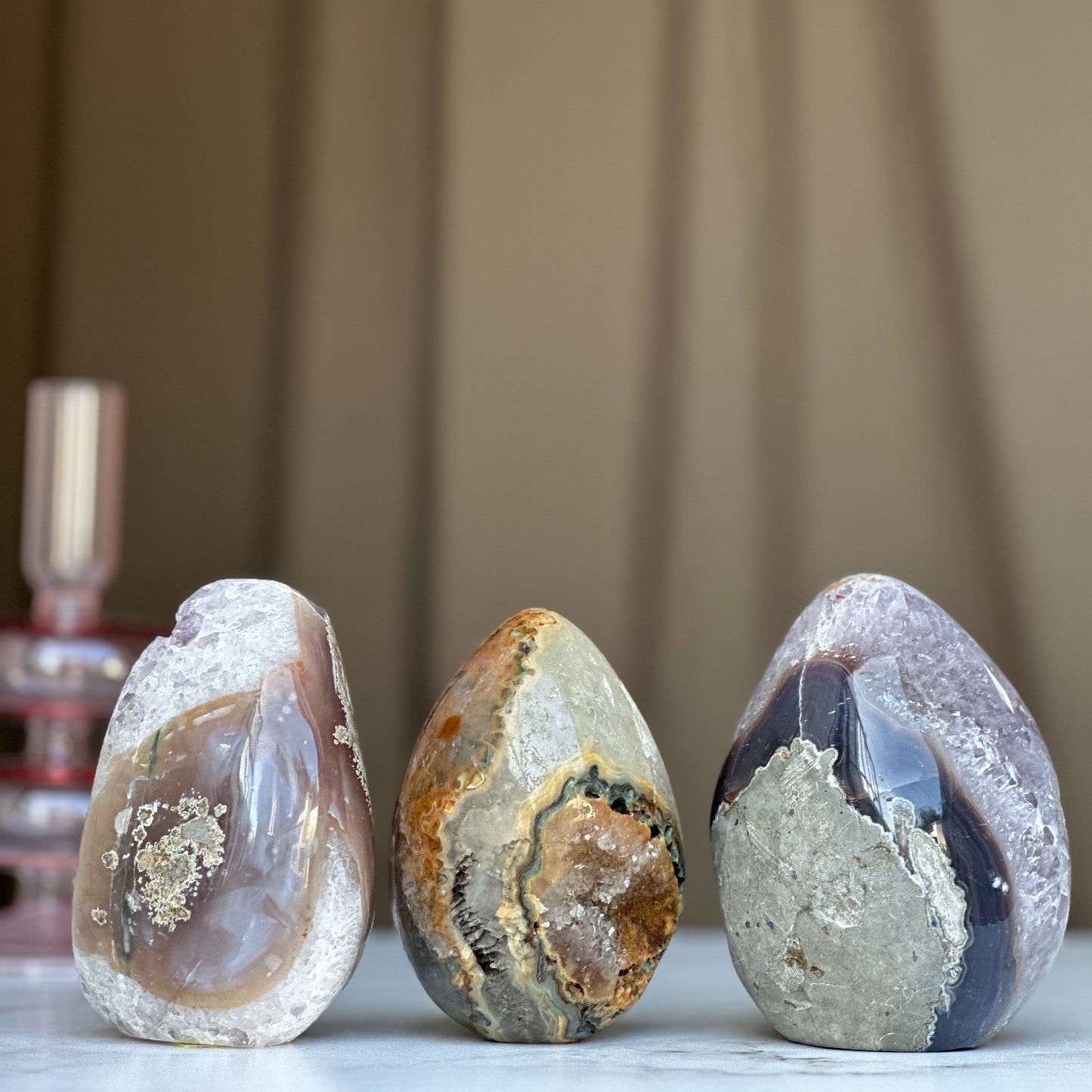 Sugar Crystal Egg set with 3 pieces, Natural cave shaped polished stone, decorative collectors unique pieces