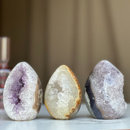 Sugar Crystal Egg set with 3 pieces, Natural cave shaped polished stone, decorative collectors unique pieces