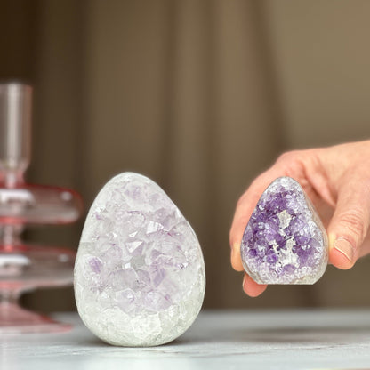 Clear Quartz Crystal Egg, Amethyst and quartz pieces, Natural cave shaped polished  stones, white quartz geode