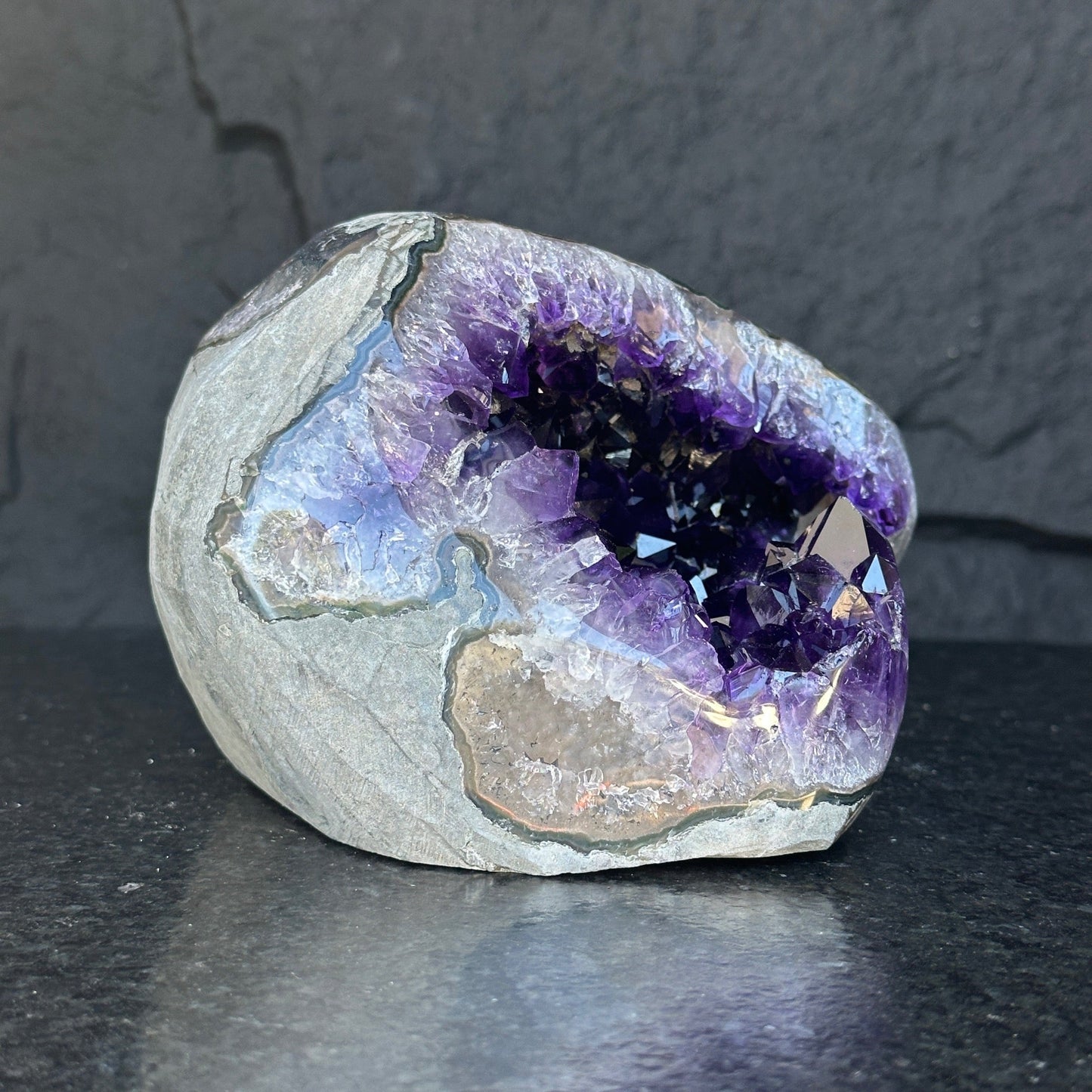 Amethyst with Shiny Crystals, Rare Geode in a strange shape with colorful agate layers, Unique find for collectors