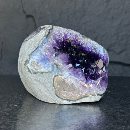 Amethyst with Shiny Crystals, Rare Geode in a strange shape with colorful agate layers, Unique find for collectors