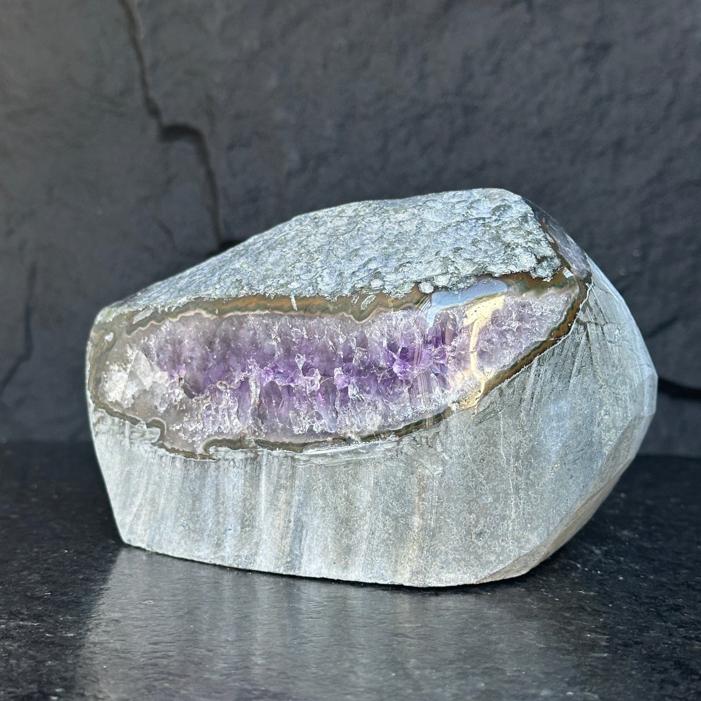 Amethyst with Shiny Crystals, Rare Geode in a strange shape with colorful agate layers, Unique find for collectors
