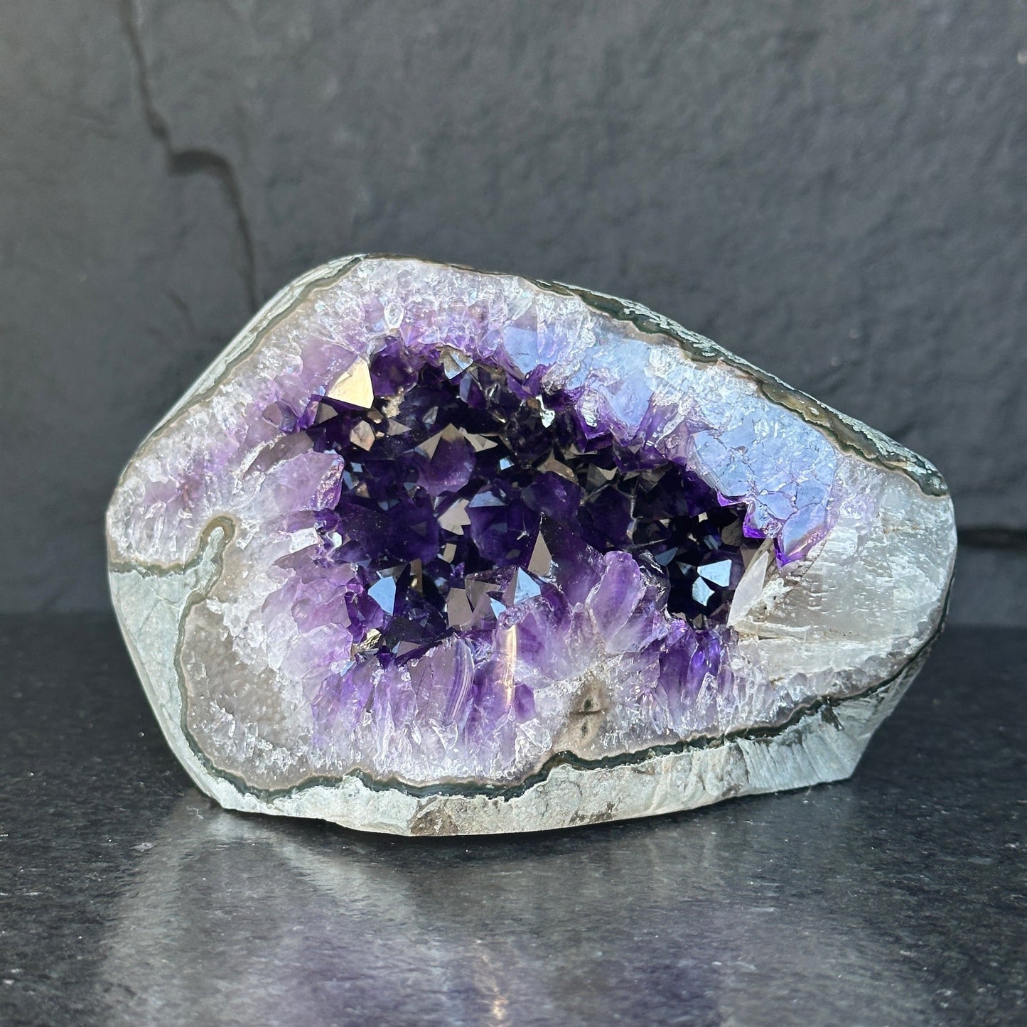 Amethyst with Shiny Crystals, Rare Geode in a strange shape with colorful agate layers, Unique find for collectors