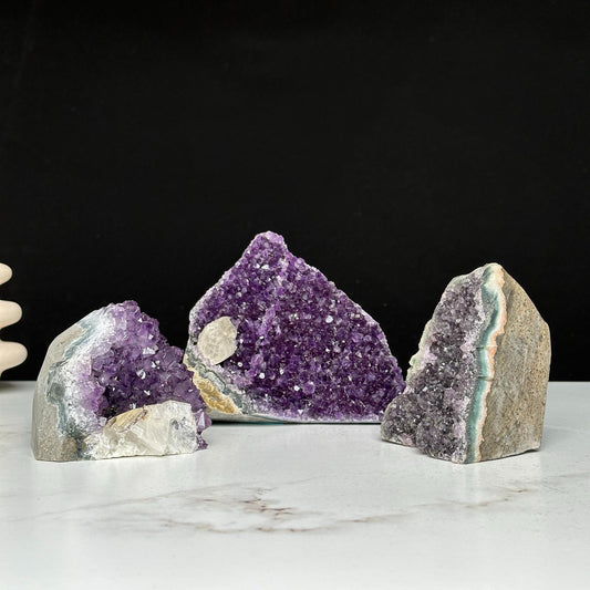 Amethyst geodes set on sale, Druzes Crystals with Cut Base, 3 pieces 3 Lbs