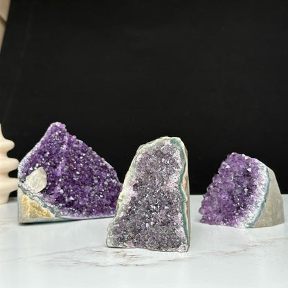 Amethyst geodes set on sale, Druzes Crystals with Cut Base, 3 pieces 3 Lbs