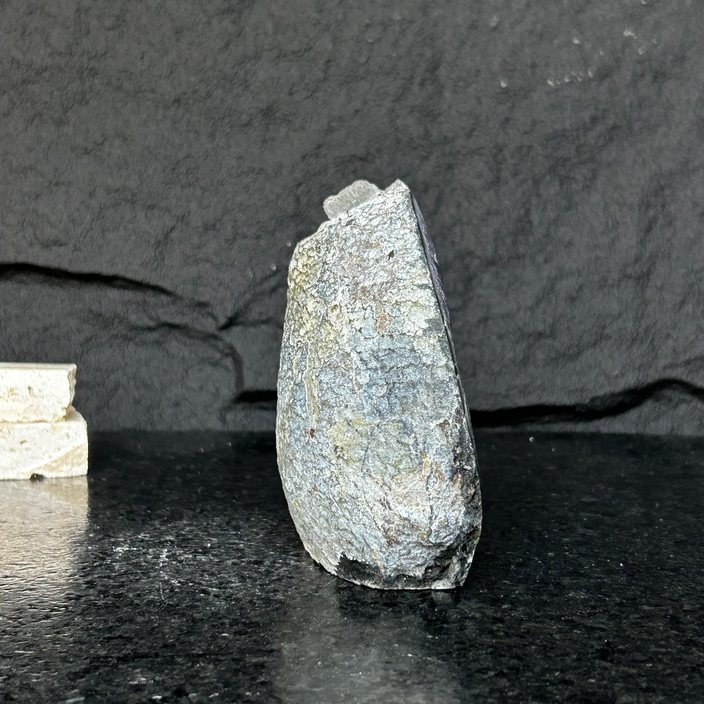 Amethyst stone agate edges, crystal geode from Uruguay, cut base self standing stone