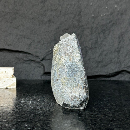 Amethyst stone agate edges, crystal geode from Uruguay, cut base self standing stone