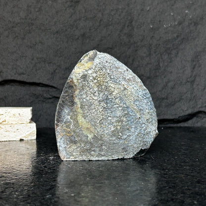 Amethyst stone agate edges, crystal geode from Uruguay, cut base self standing stone