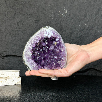 Amethyst stone agate edges, crystal geode from Uruguay, cut base self standing stone
