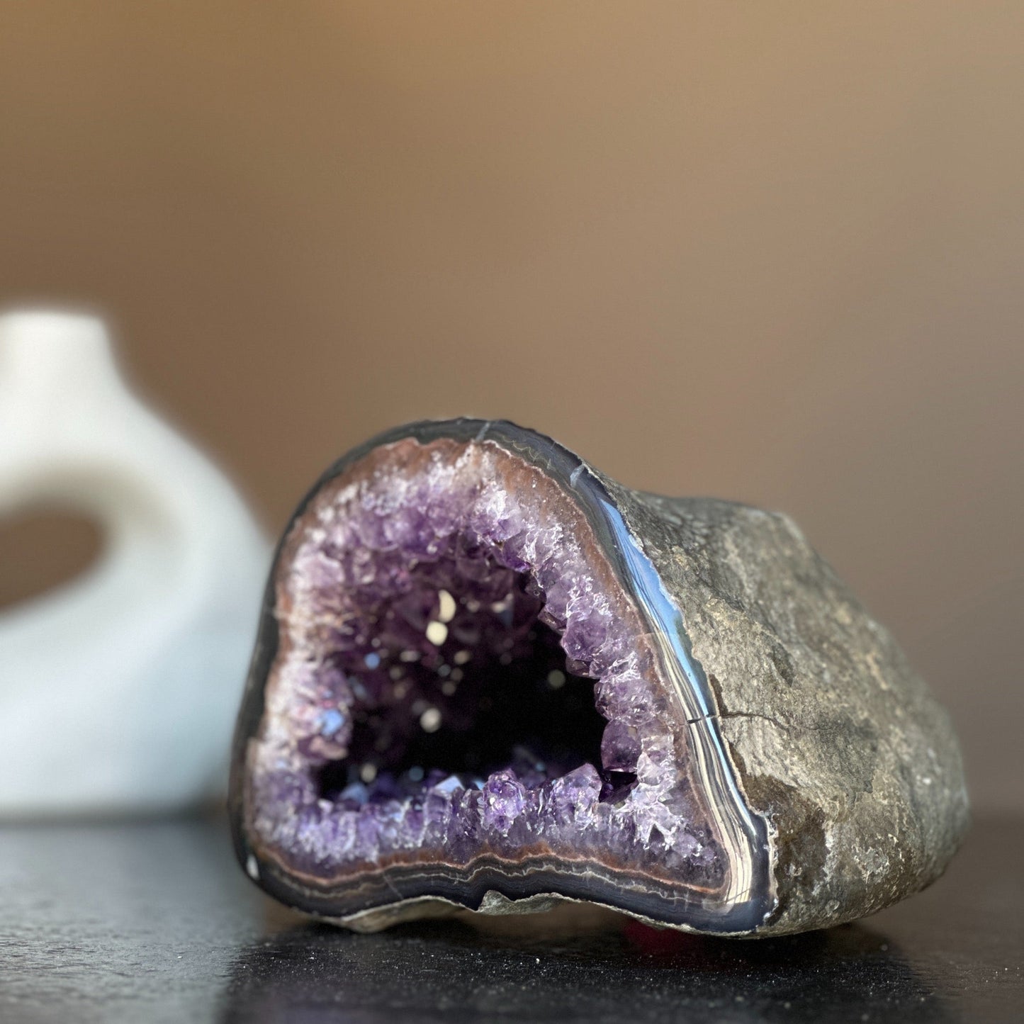 Rare find, Natural geode centerpiece, Unique geode bowl for tabletop decor, flat crystal round shaped