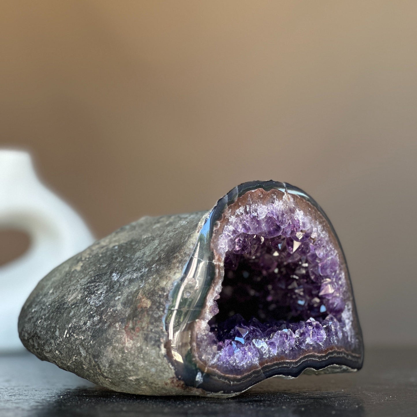 Rare find, Natural geode centerpiece, Unique geode bowl for tabletop decor, flat crystal round shaped