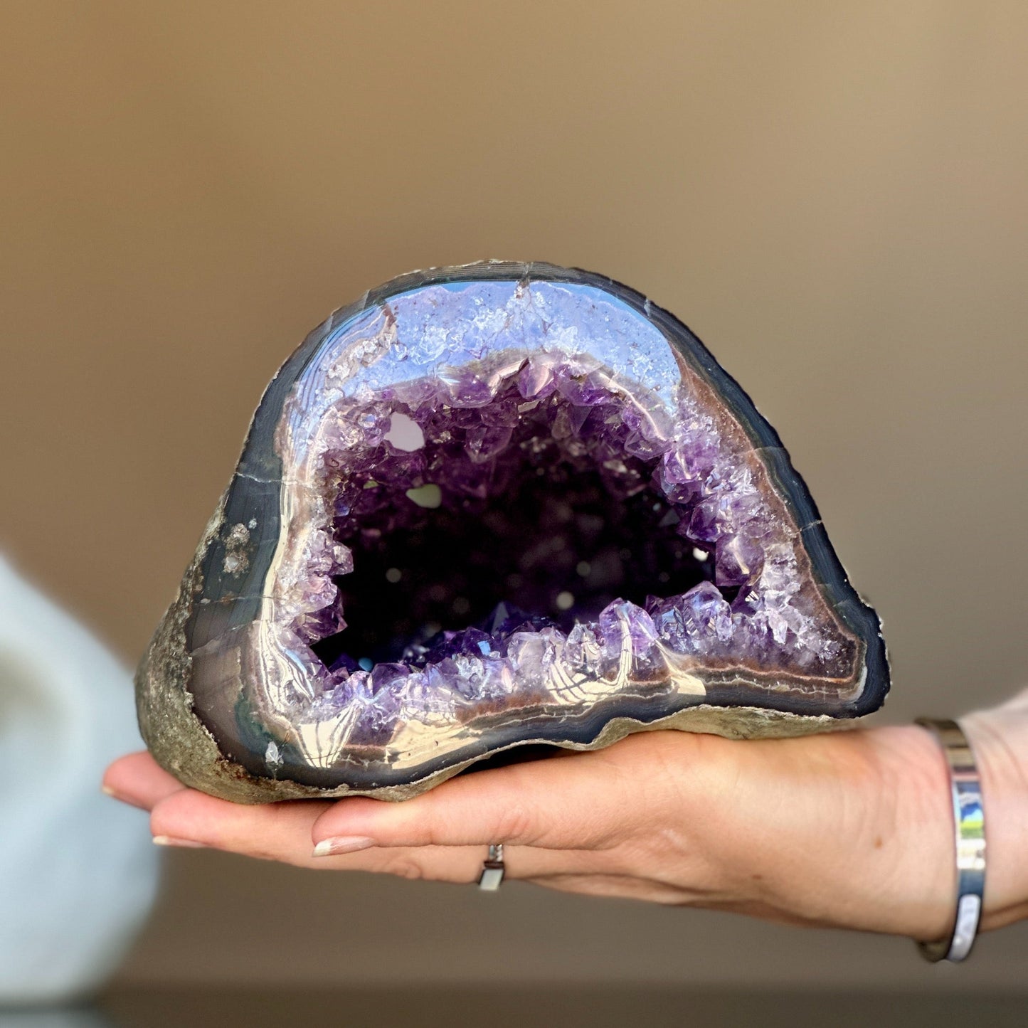 Rare find, Natural geode centerpiece, Unique geode bowl for tabletop decor, flat crystal round shaped