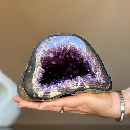 Rare find, Natural geode centerpiece, Unique geode bowl for tabletop decor, flat crystal round shaped