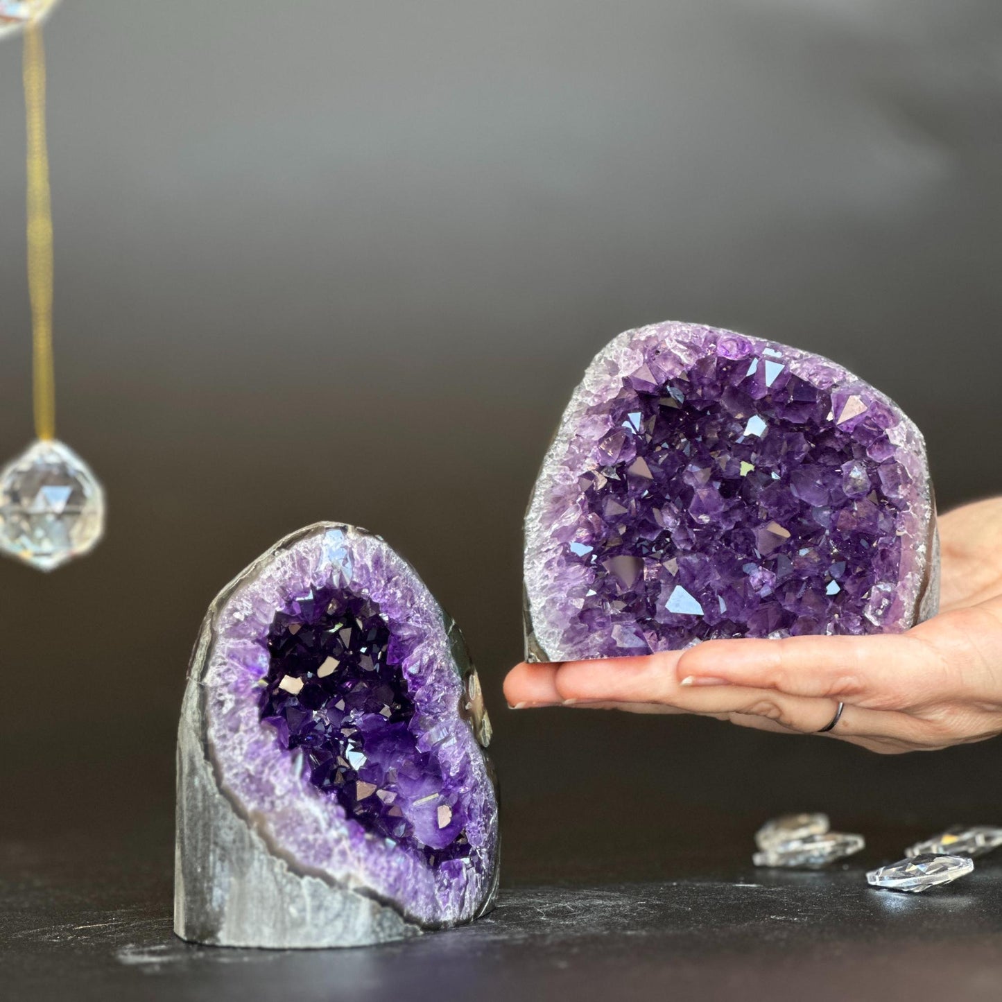 Amethyst clusters with huge Agate layers, 2 pieces set