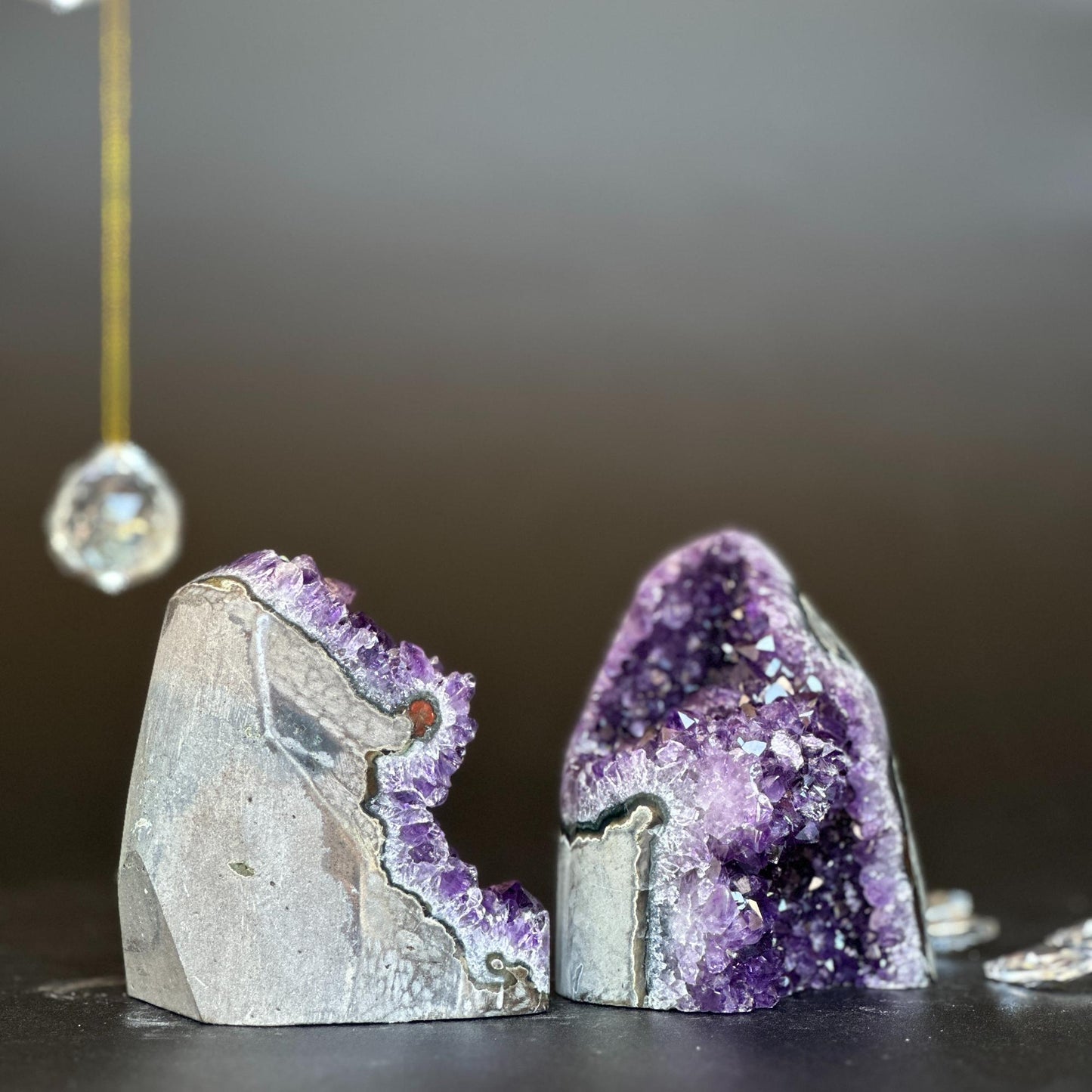 Set of 2 Amethyst geodes, Deep Purple Uruguayan Amethyst with large crystals, polished amethyst crystal stones