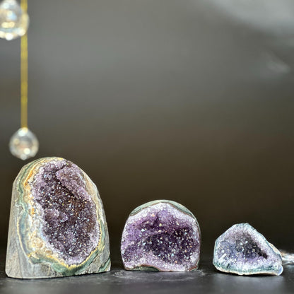 3 pieces lot Amethyst Crystals, Small Amethysts SET, polished crystals with agate layers at edges