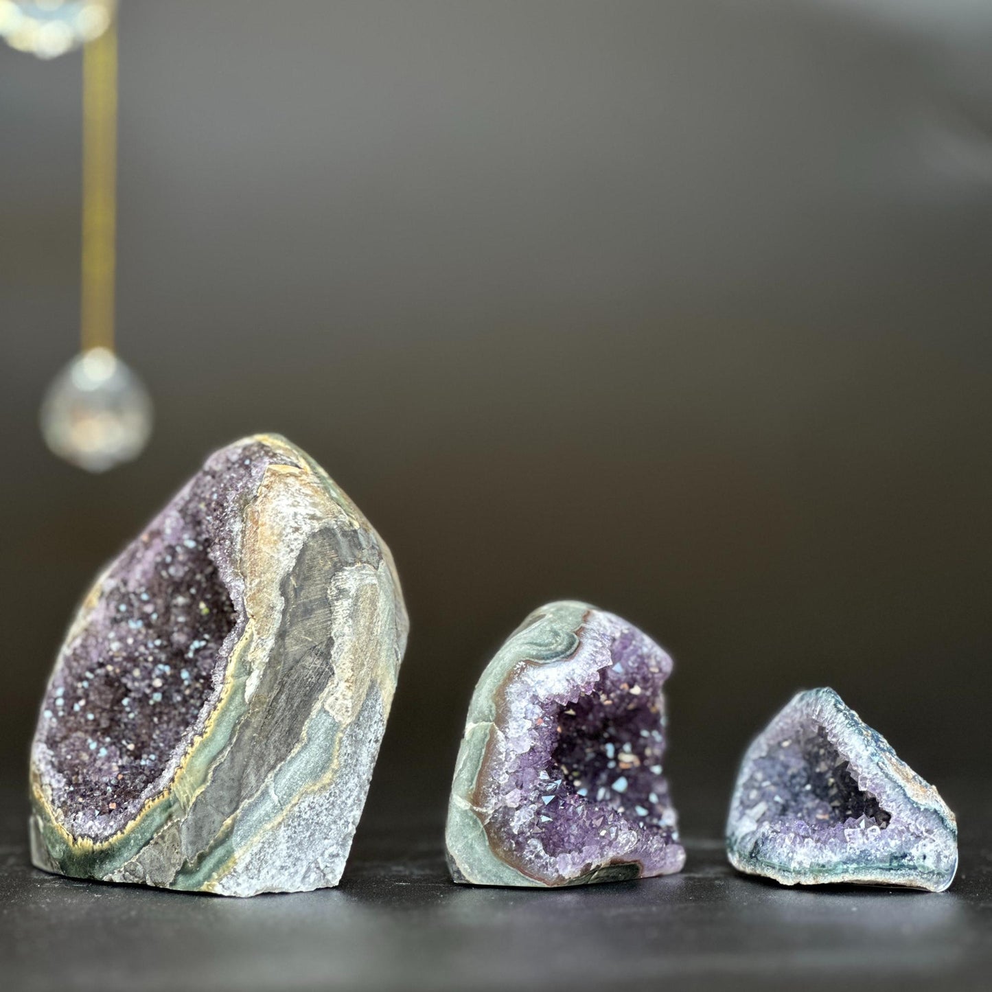 3 pieces lot Amethyst Crystals, Small Amethysts SET, polished crystals with agate layers at edges