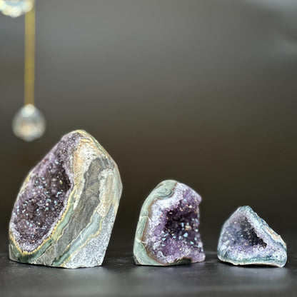 3 pieces lot Amethyst Crystals, Small Amethysts SET, polished crystals with agate layers at edges