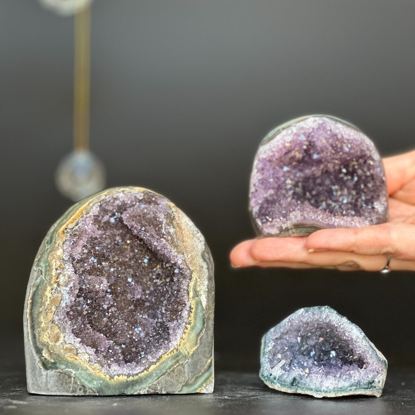 3 pieces lot Amethyst Crystals, Small Amethysts SET, polished crystals with agate layers at edges