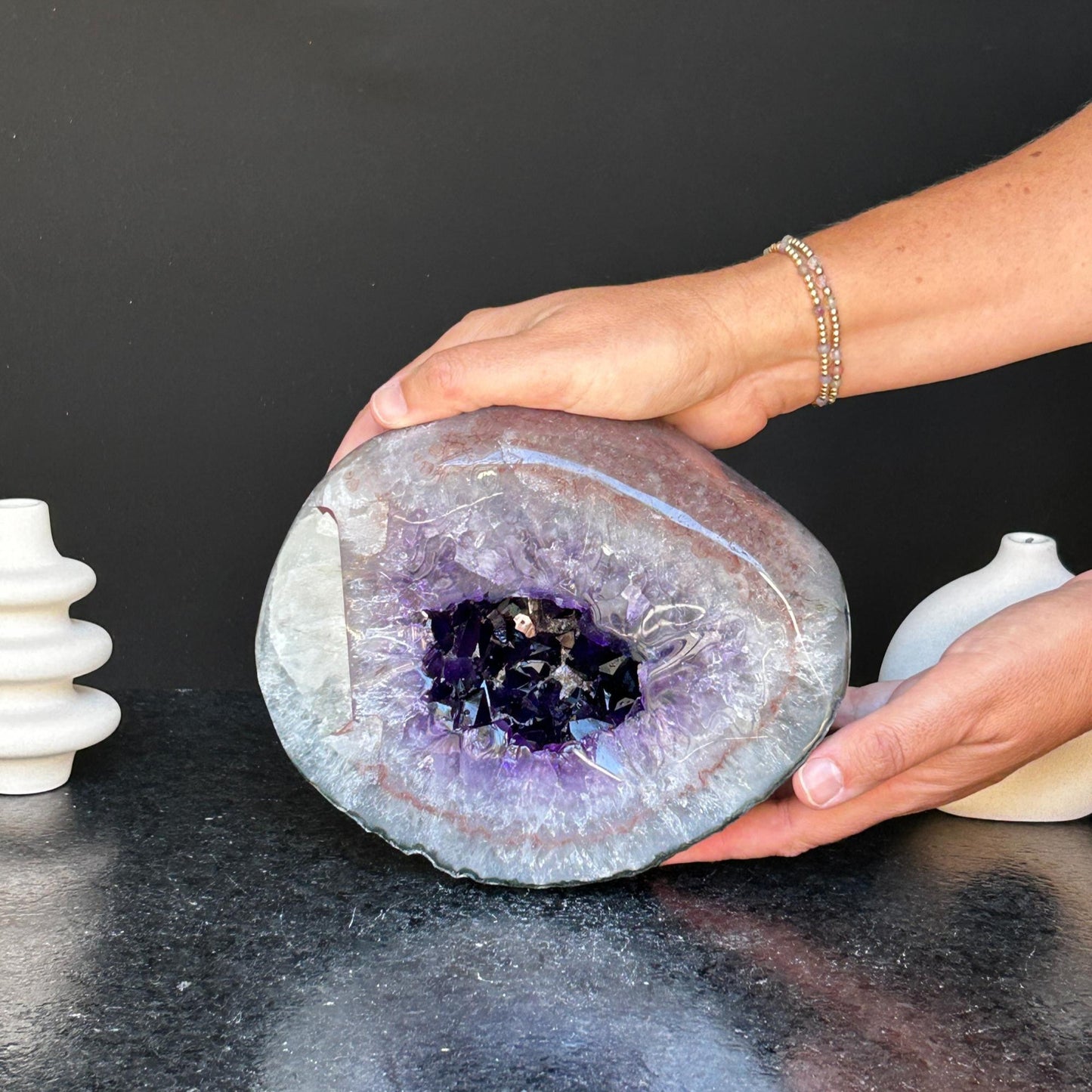 Amethyst gemstone, amethyst and quartz geode