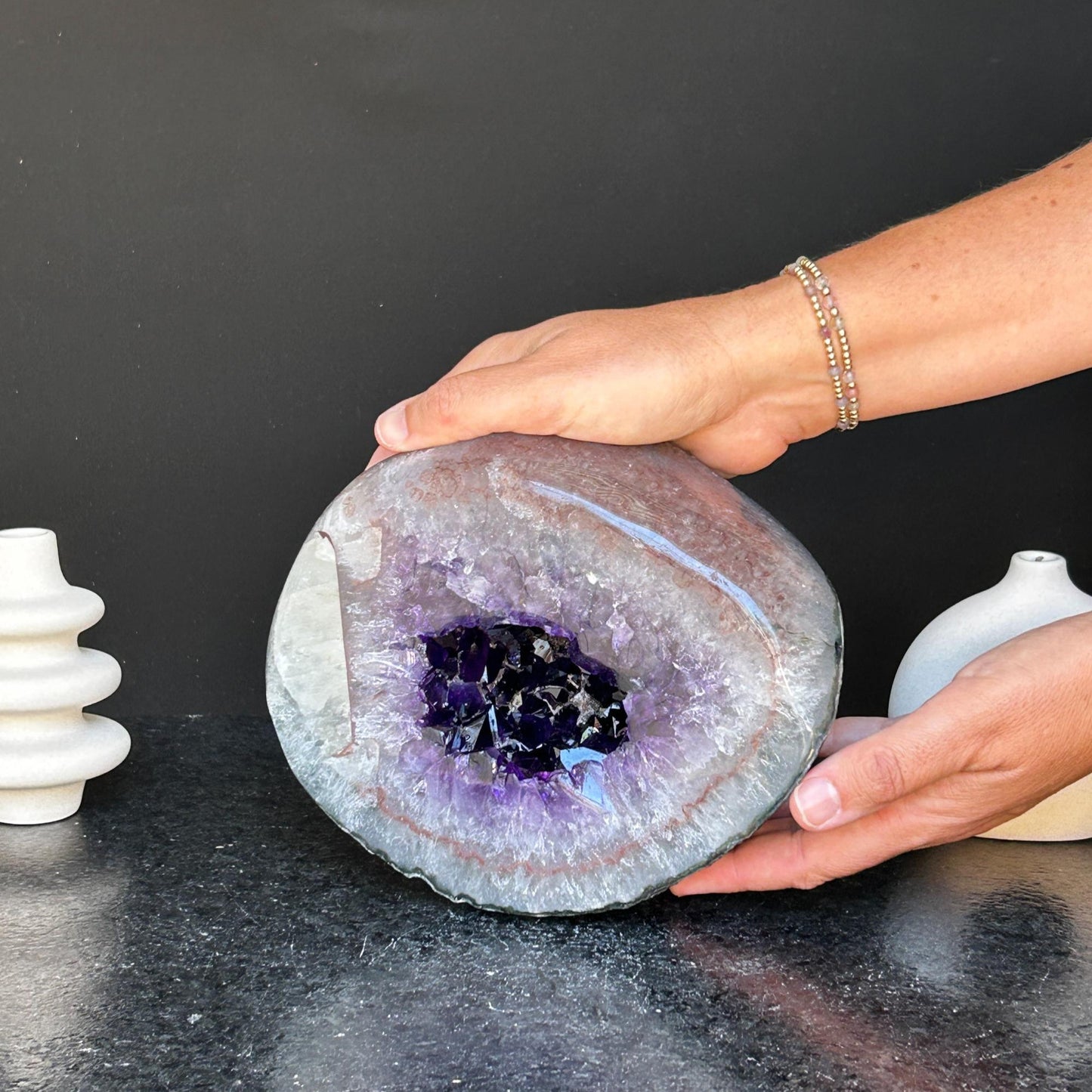 Amethyst gemstone, amethyst and quartz geode