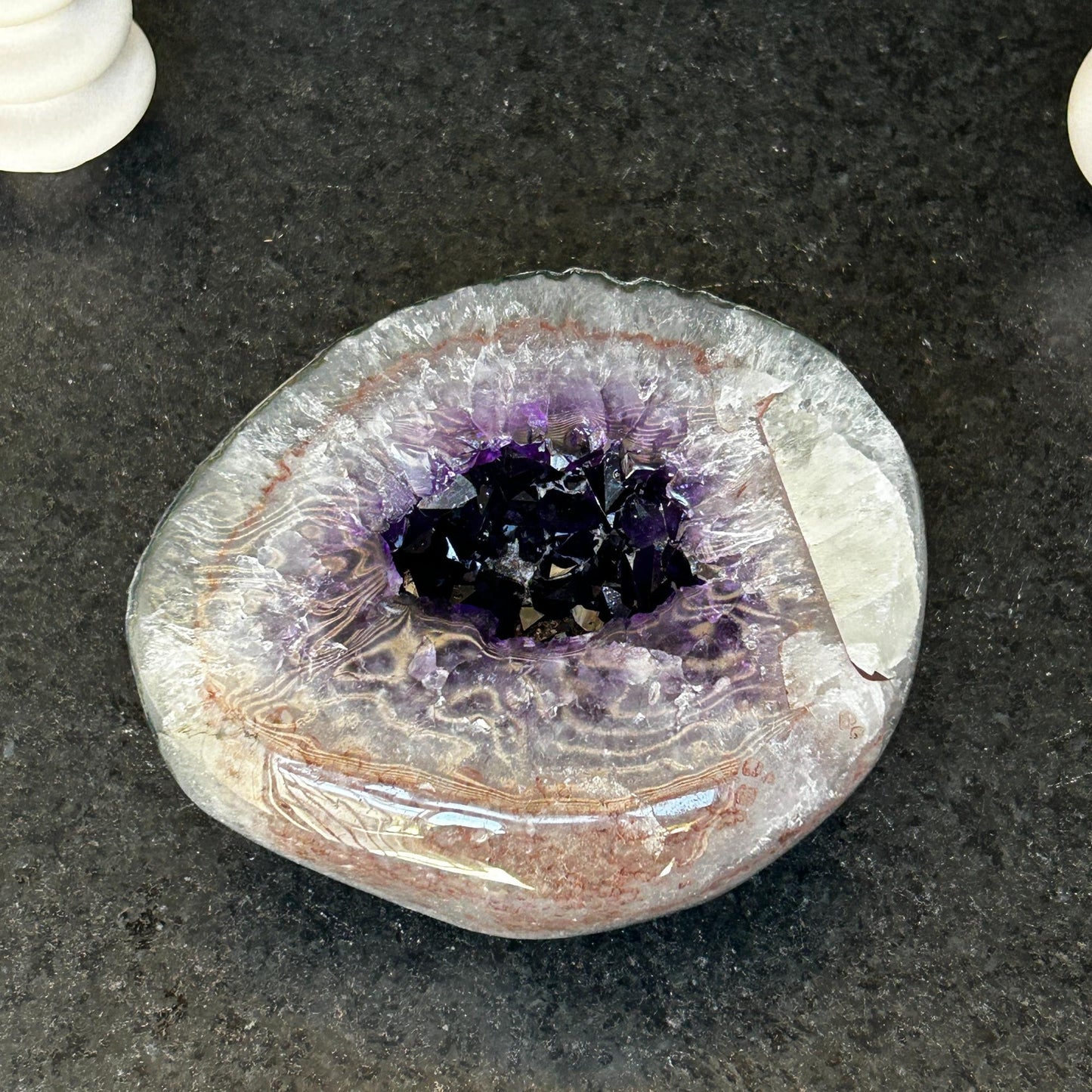 Amethyst gemstone, amethyst and quartz geode