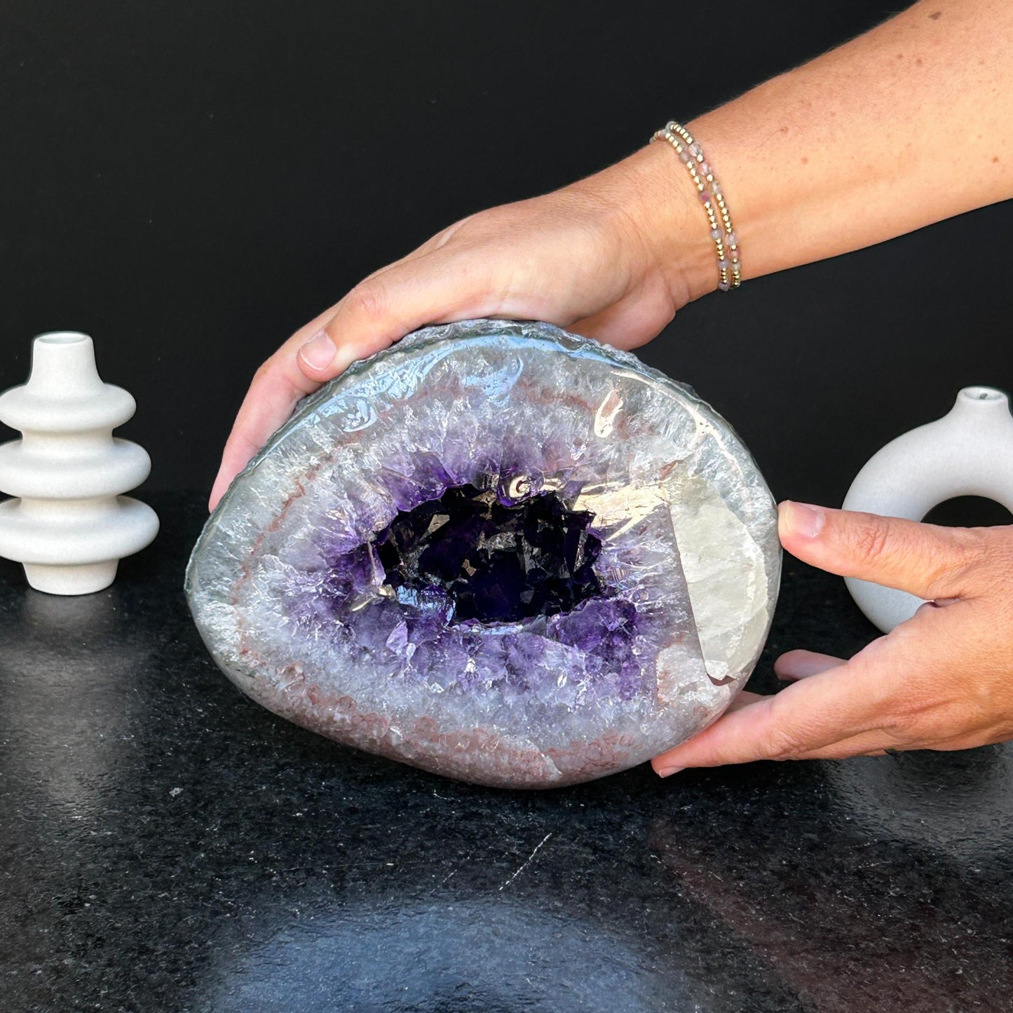 Amethyst gemstone, amethyst and quartz geode