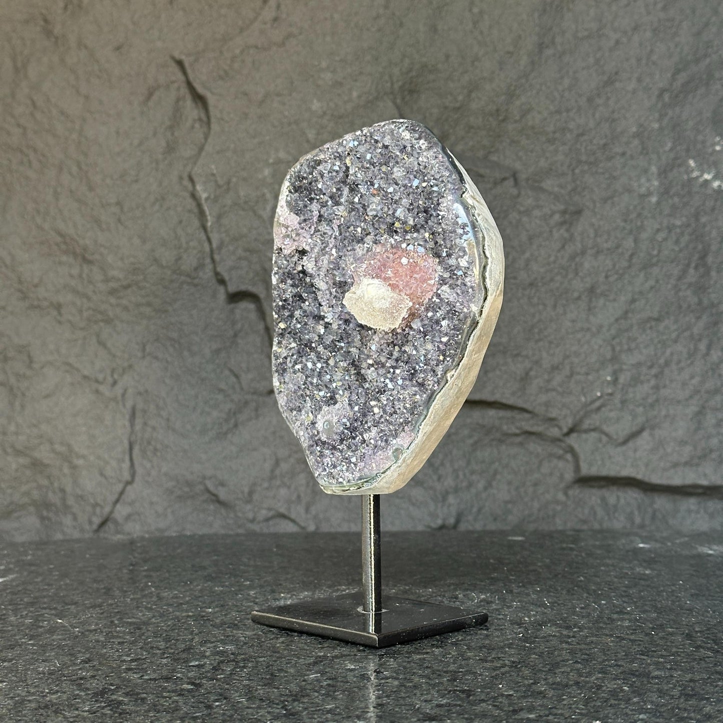 Amethyst with rare formations on a metal pedestal , high quality amethyst crystal from Uruguay