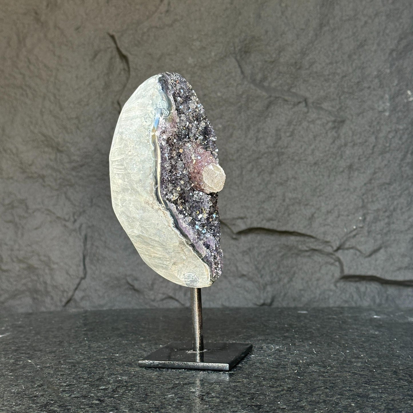 Amethyst with rare formations on a metal pedestal , high quality amethyst crystal from Uruguay