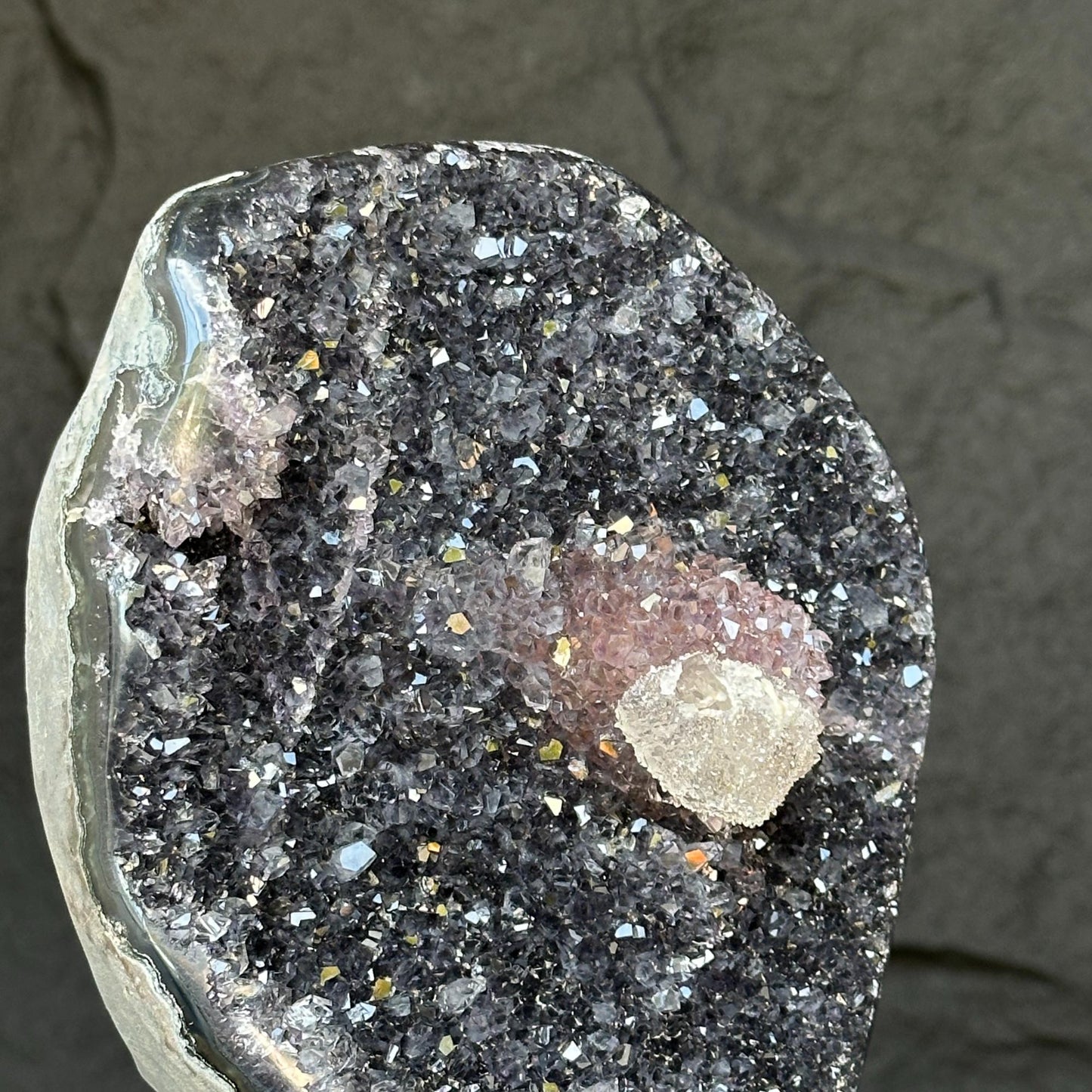 Amethyst with rare formations on a metal pedestal , high quality amethyst crystal from Uruguay