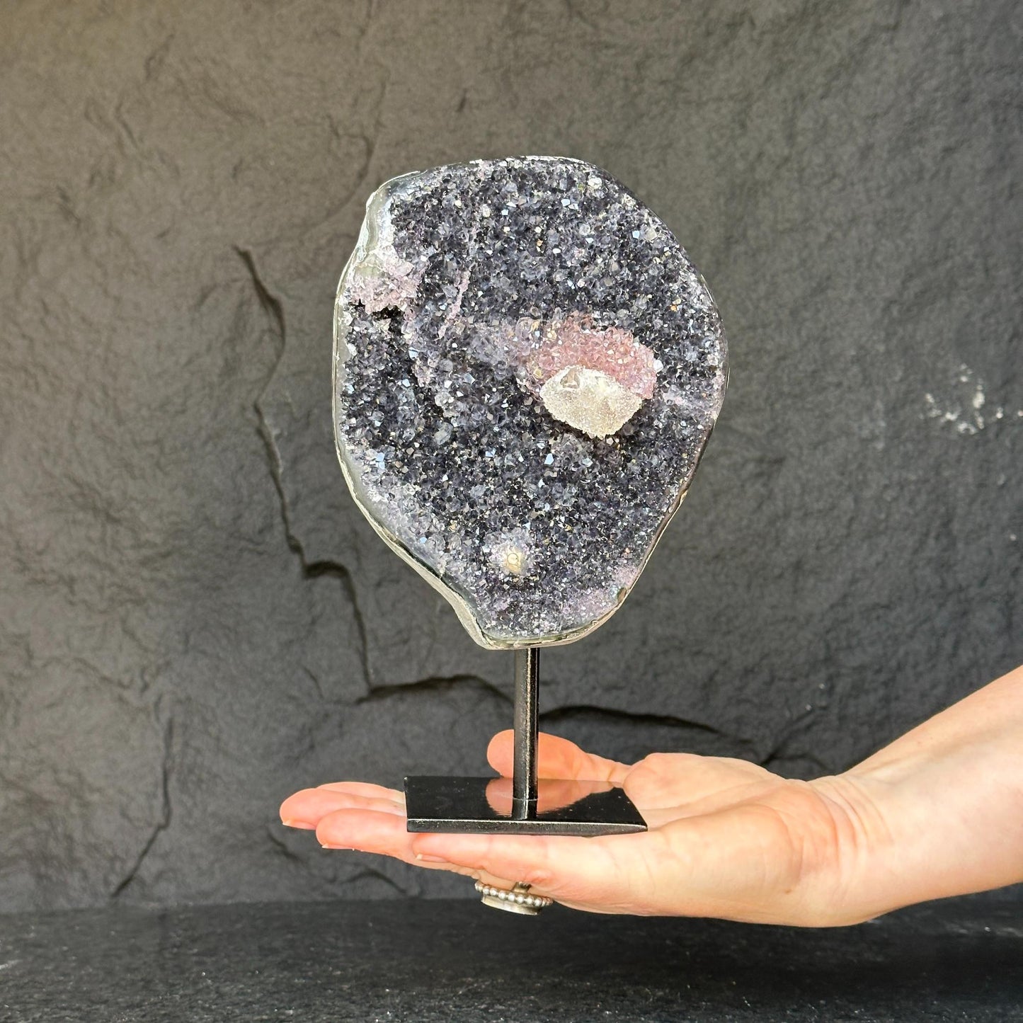 Amethyst with rare formations on a metal pedestal , high quality amethyst crystal from Uruguay