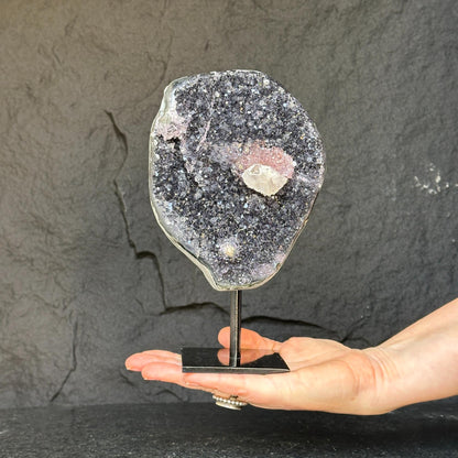 Amethyst with rare formations on a metal pedestal , high quality amethyst crystal from Uruguay